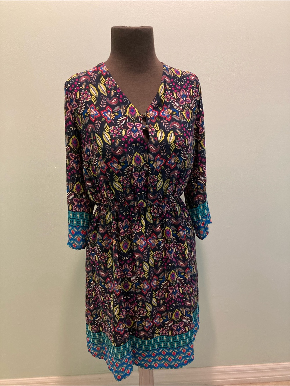 Everly Navy Floral V-Neck Long Sleeve Dress with Teal Border
